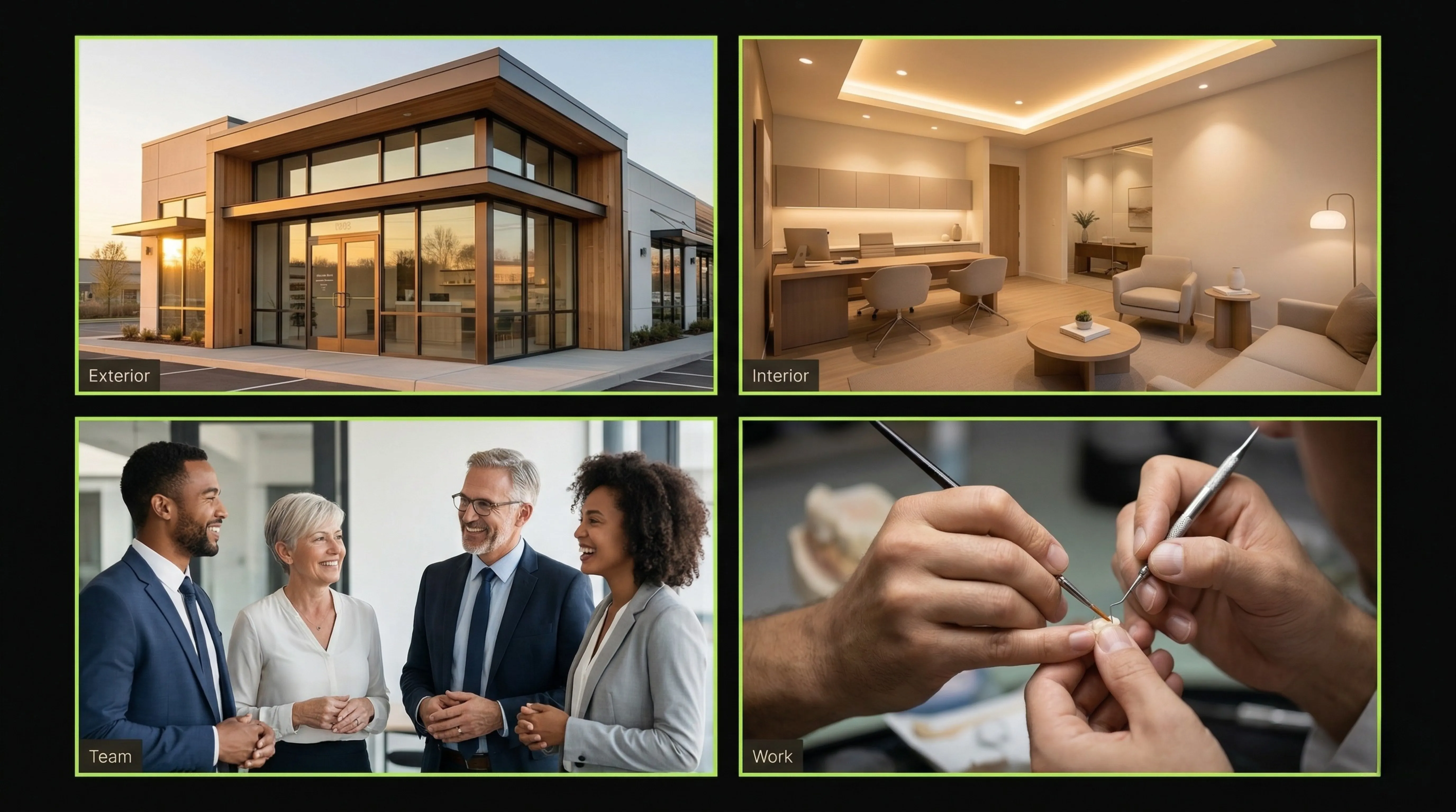 Grid showing the types of photos that improve a Google Business Profile: storefront, team, work samples, interior